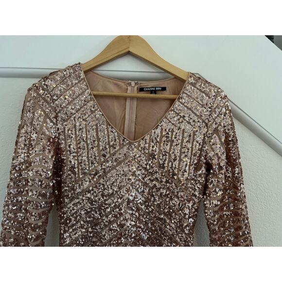 Gianni Bini Pink Gold Sequin Long Sleeve Bodycon Mini Dress Small Cocktail - Picture 4 of 15